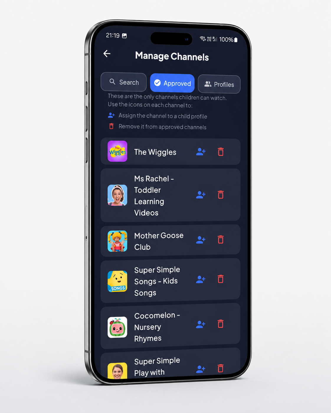 ViewHaven Manage Channels screen where a parent approves or removes channels.