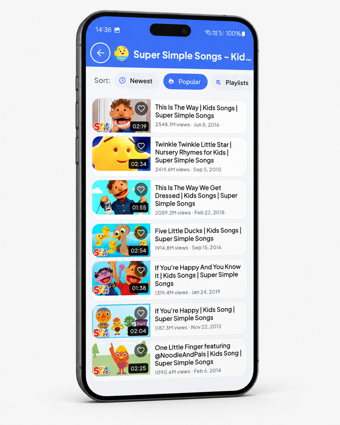 ViewHaven channel screen showing approved Super Simple Songs videos with sort options.