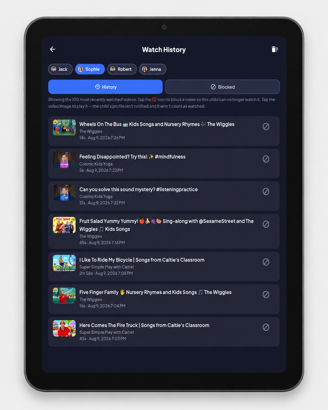 ViewHaven Watch History screen on a tablet showing recently watched videos for each child profile.