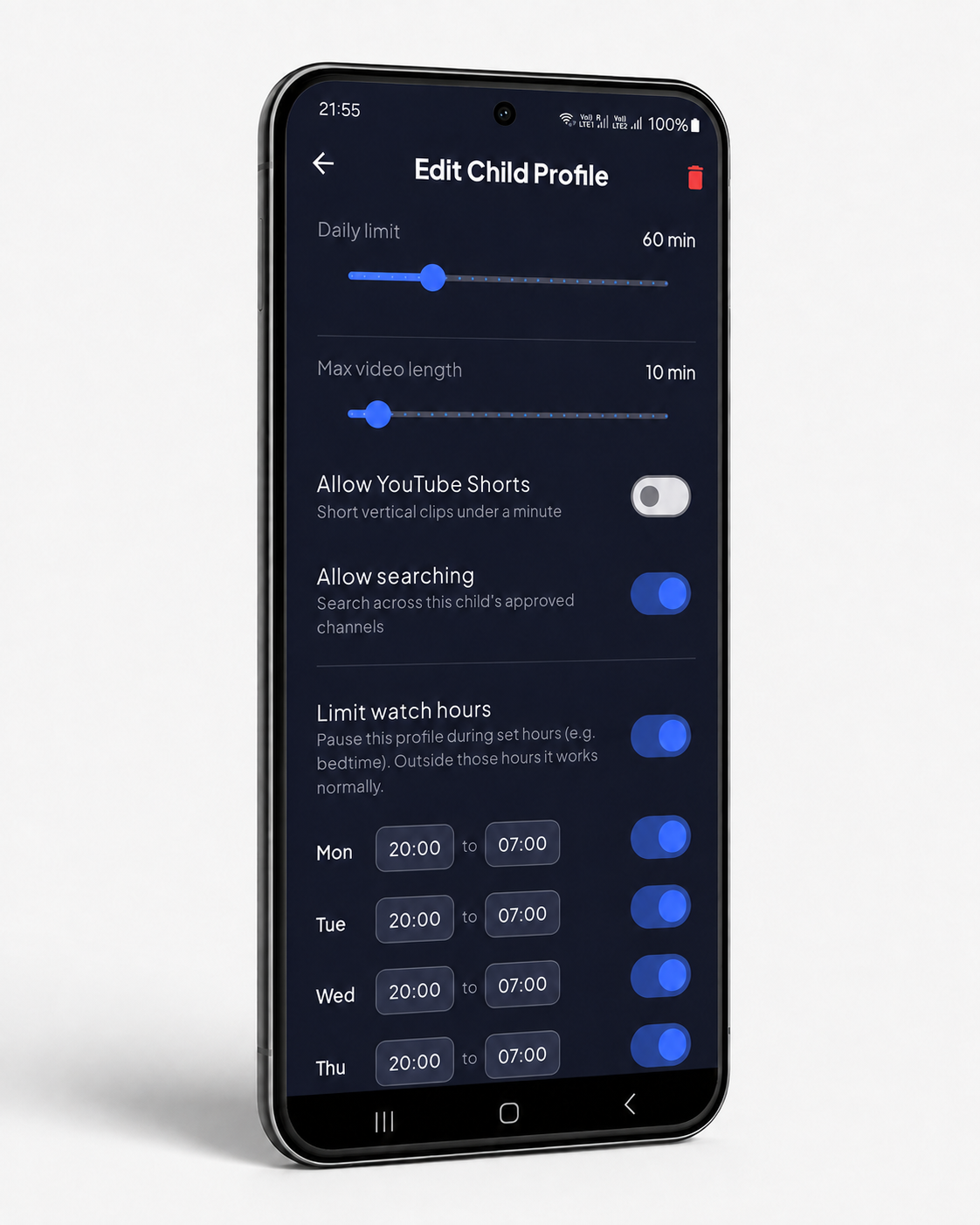 ViewHaven Edit Child Profile screen showing daily limits, video length, and allowed features.