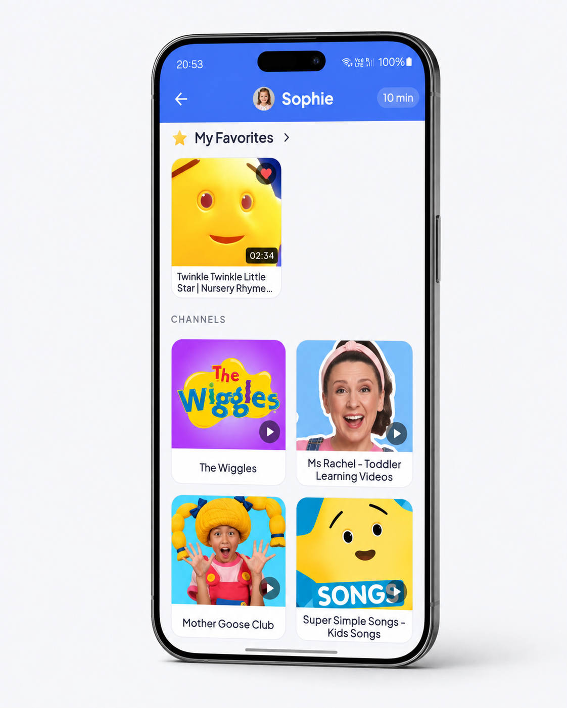 A child's ViewHaven screen showing favourites and only the channels a parent approved.