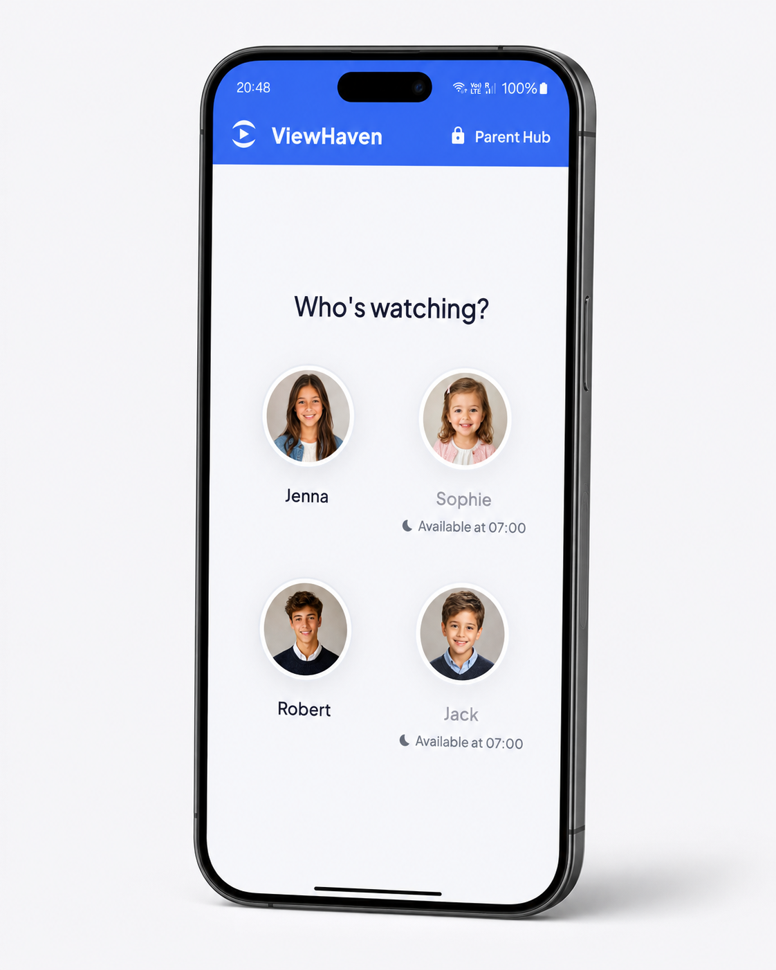 ViewHaven profile picker on a phone showing four child profiles, two available later at 07:00.