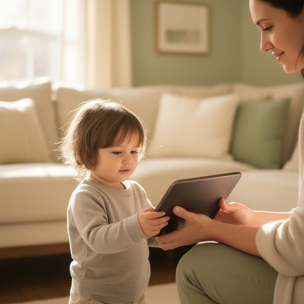 A parent calmly handing over a device to their child in a sunny living room.